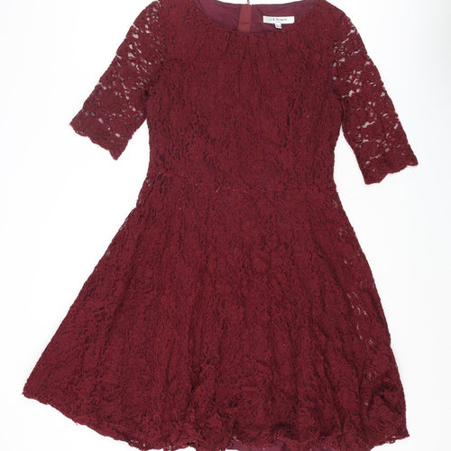 L.K. Bennett Womens Red Viscose A-Line Size 12 Round Neck Zip - Lace