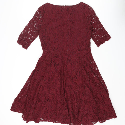 L.K. Bennett Womens Red Viscose A-Line Size 12 Round Neck Zip - Lace