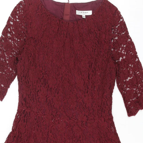 L.K. Bennett Womens Red Viscose A-Line Size 12 Round Neck Zip - Lace