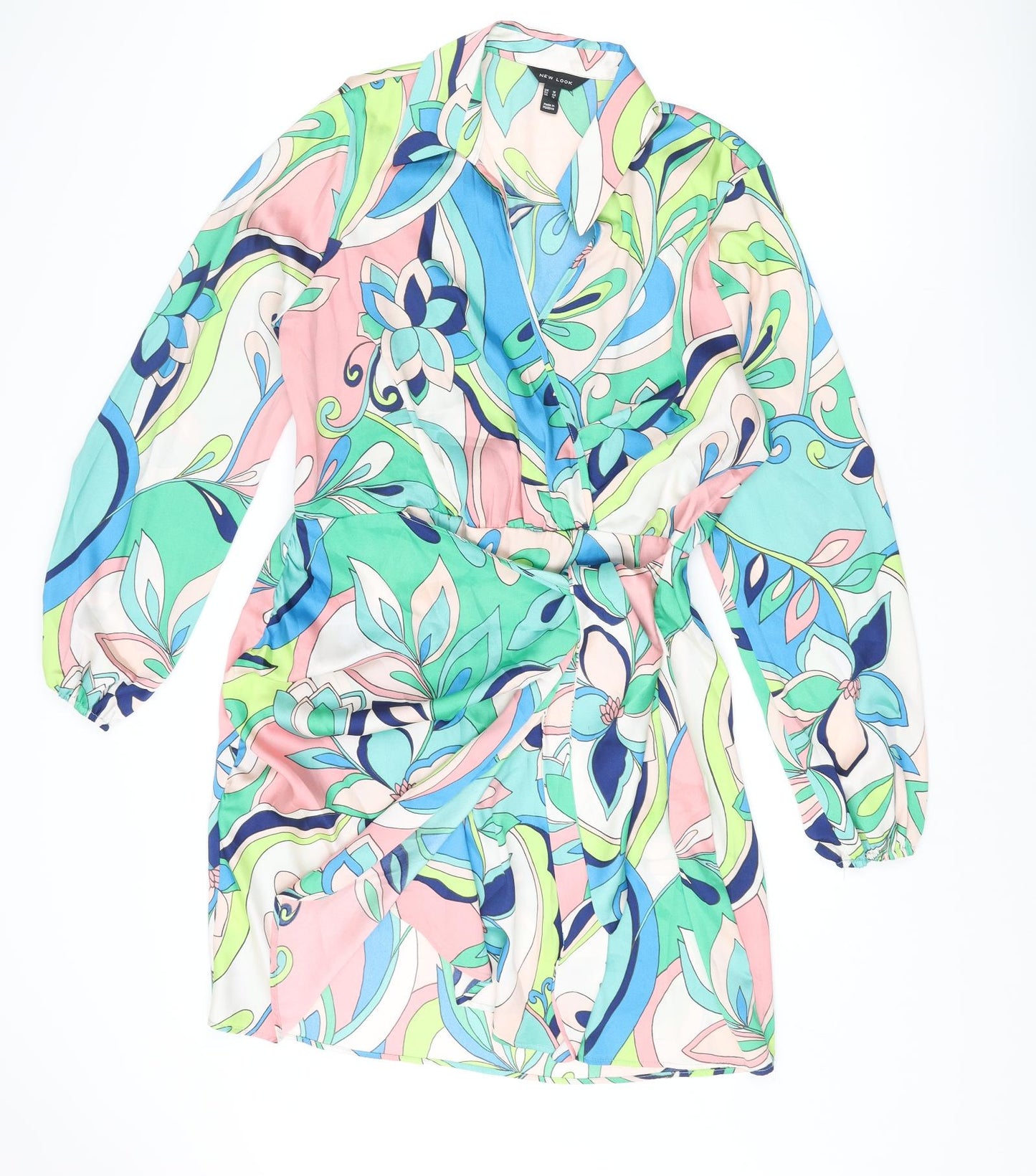 New Look Womens Multicoloured Geometric Polyester Wrap Dress Size 16 Collared Pullover