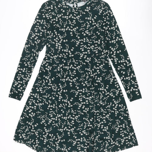 New Look Womens Green Floral Polyester Trapeze & Swing Size 8 Round Neck Button