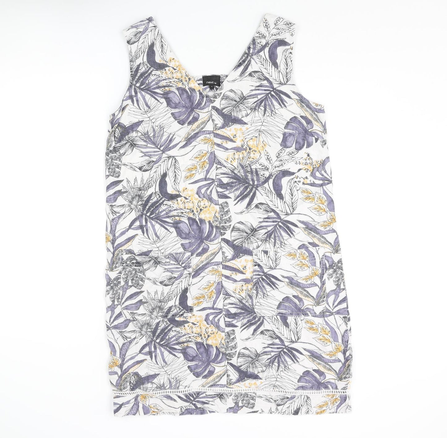 NEXT Womens Multicoloured Geometric Linen A-Line Size 10 V-Neck Pullover - Leaf pattern