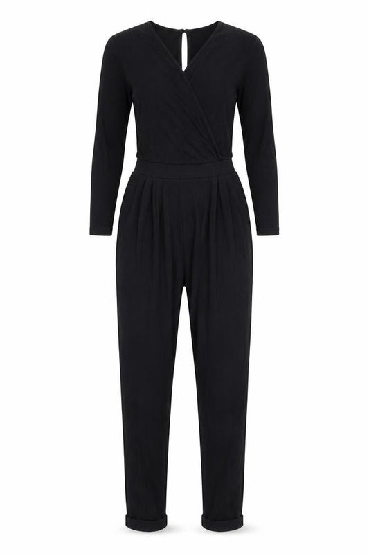 Front view of ASOS women’s black viscose jumpsuit one-piece, size UK 6, 23-inch leg button