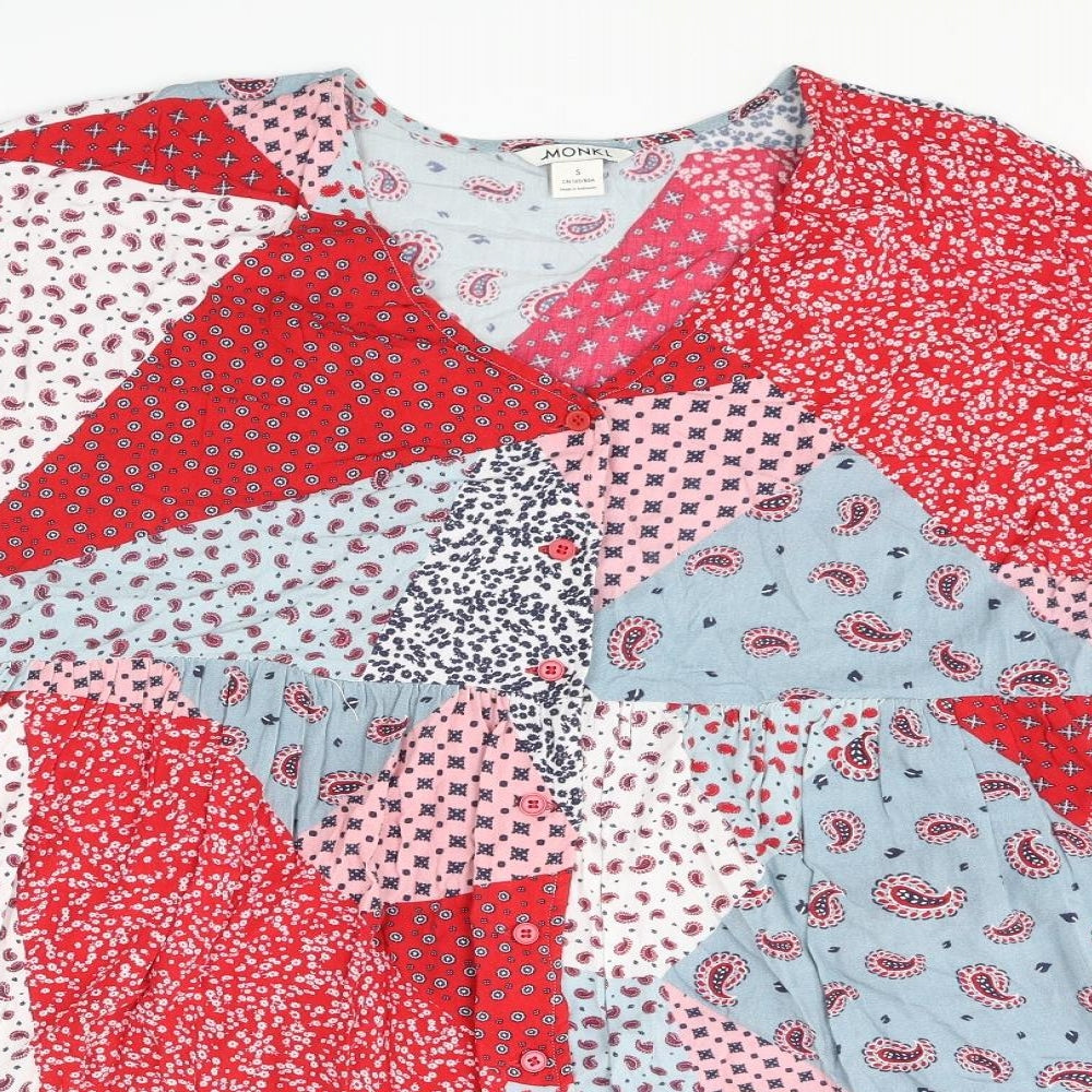 Monki Womens Multicoloured Geometric Viscose T-Shirt Dress Size S V-Neck Button
