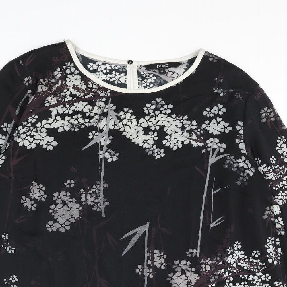NEXT Womens Black Floral Polyester Basic Blouse Size 12 Round Neck