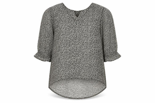 Front view of H&M women’s black geometric polyester basic blouse, size UK 6, v-neck