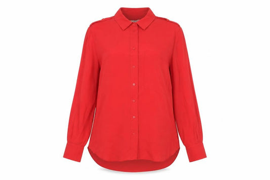 Front view of Next women’s red modal basic button-up, size UK 10, collared