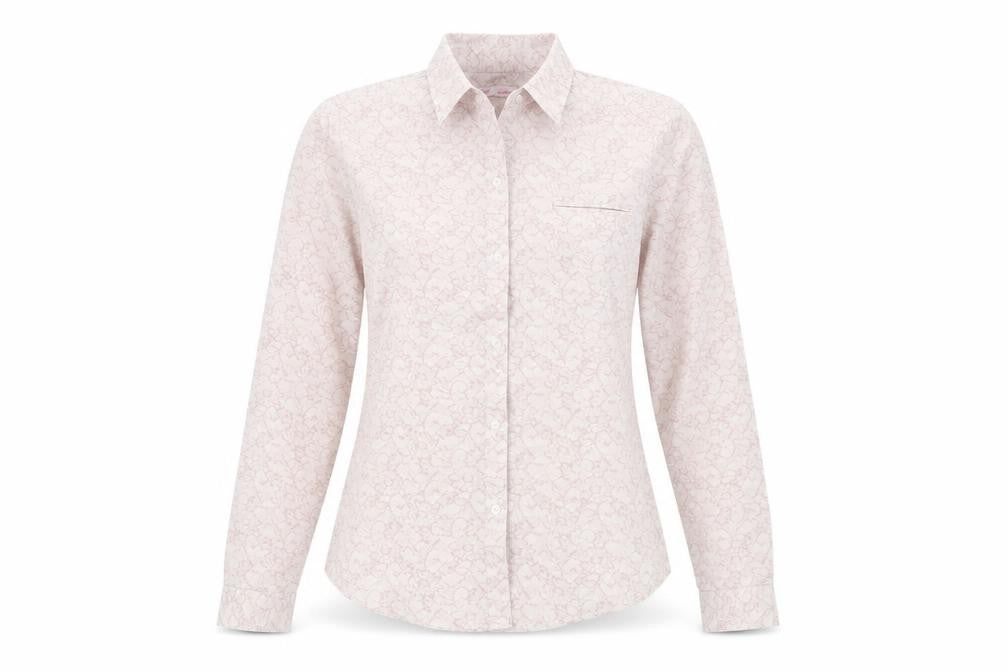 Front view of Next women’s pink geometric cotton basic button-up, size UK 12, collared