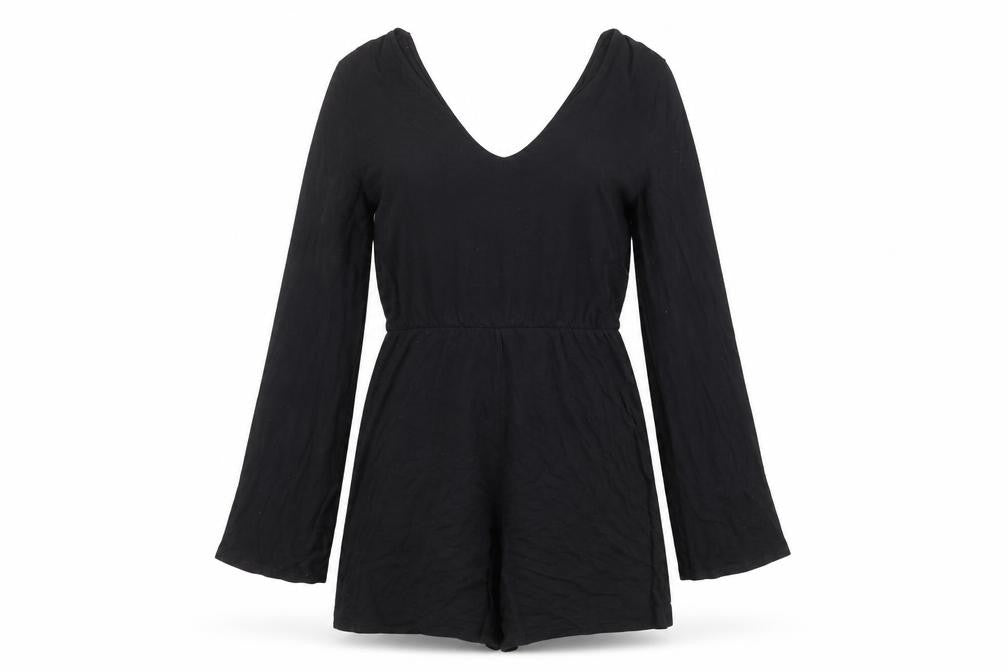 Front view of Monki women’s black polyester playsuit one-piece, size S, 3-inch leg tie