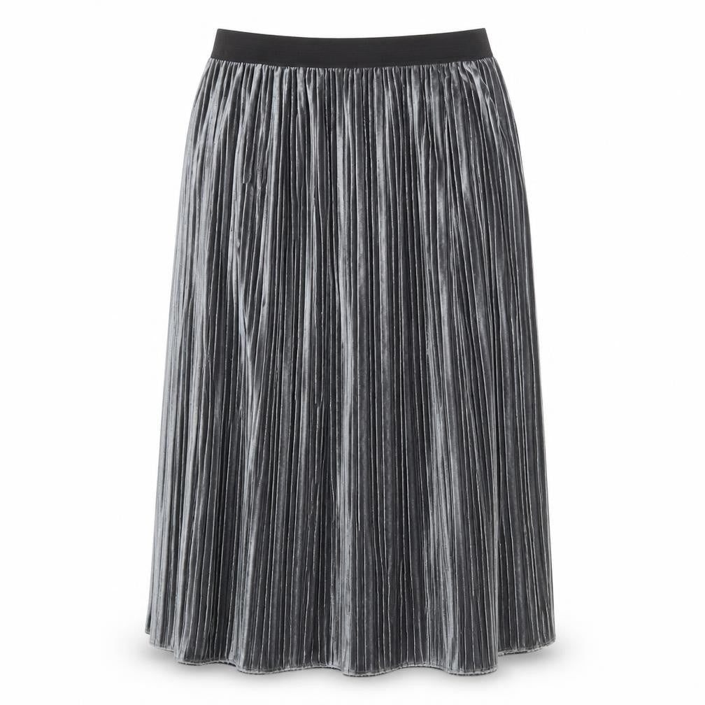 Front view of Gerry Weber women’s silver polyester pleated skirt, size UK 14