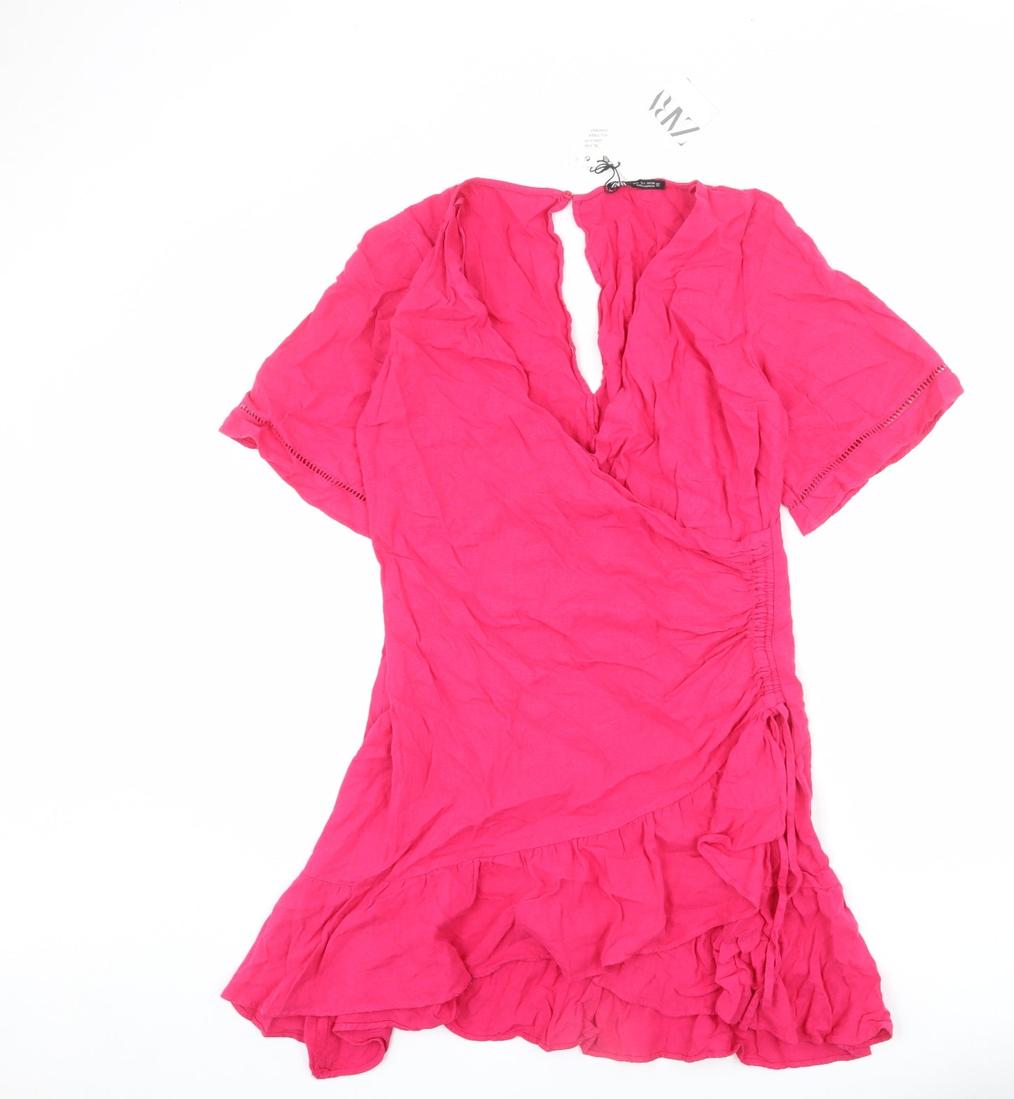Zara Womens Pink Linen Wrap Dress Size L V-Neck Zip
