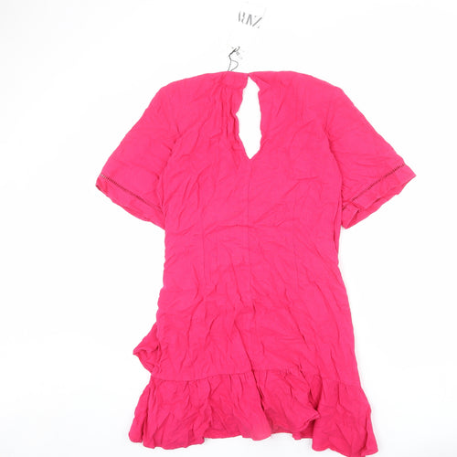 Zara Womens Pink Linen Wrap Dress Size L V-Neck Zip