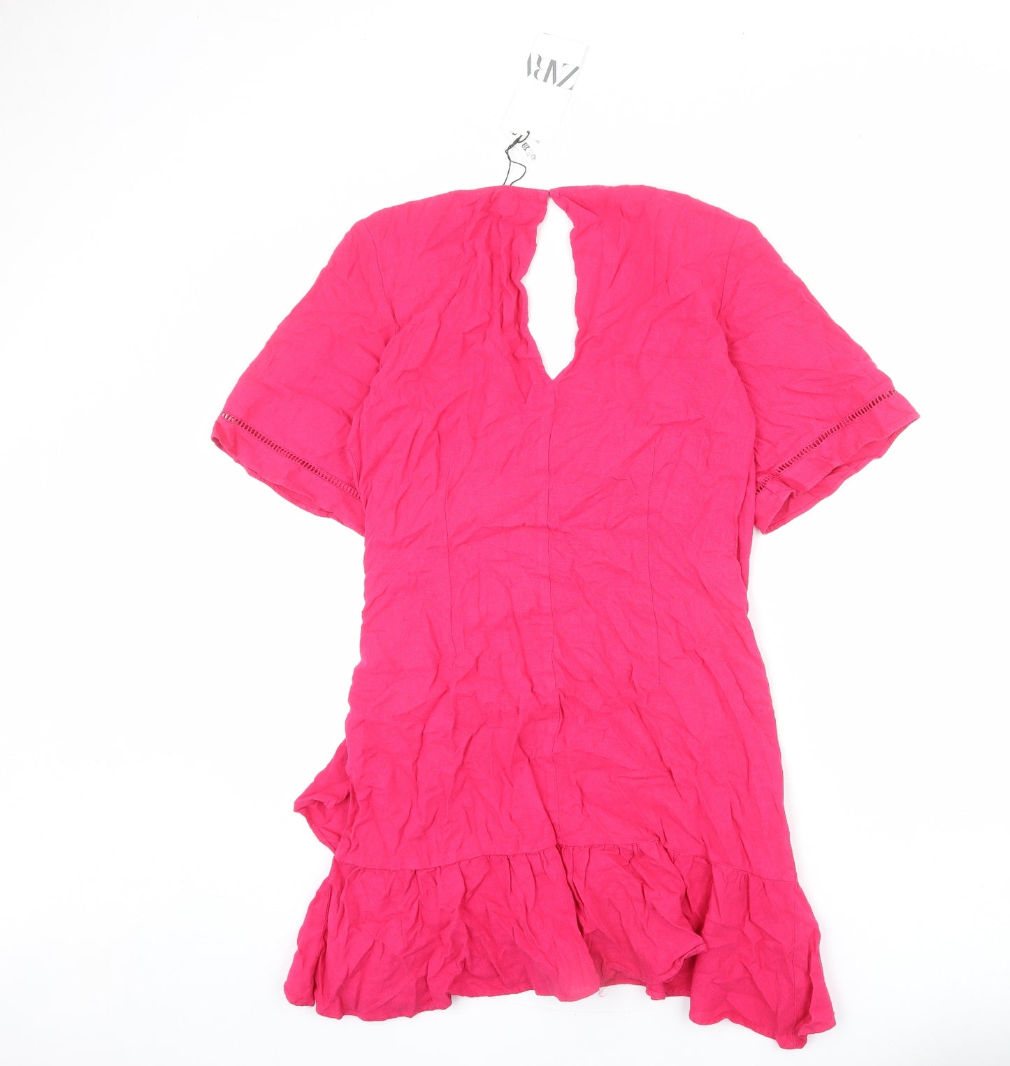 Zara Womens Pink Linen Wrap Dress Size L V-Neck Zip