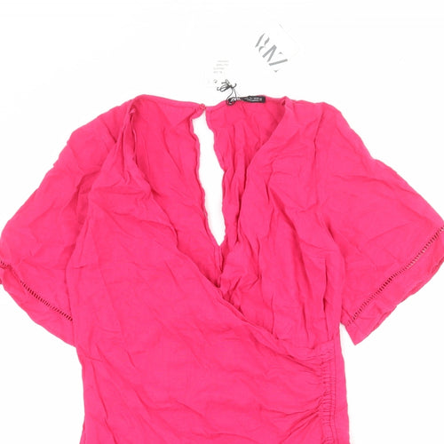 Zara Womens Pink Linen Wrap Dress Size L V-Neck Zip