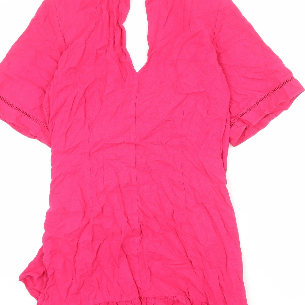 Zara Womens Pink Linen Wrap Dress Size L V-Neck Zip