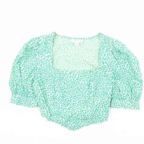 Topshop Womens Green Animal Print 100% Cotton Cropped Blouse Size 8 Square Neck
