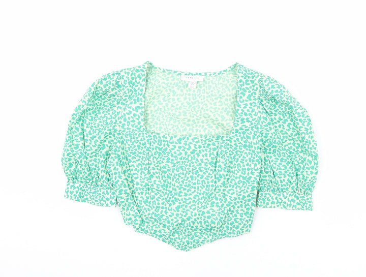 Topshop Womens Green Animal Print 100% Cotton Cropped Blouse Size 8 Square Neck