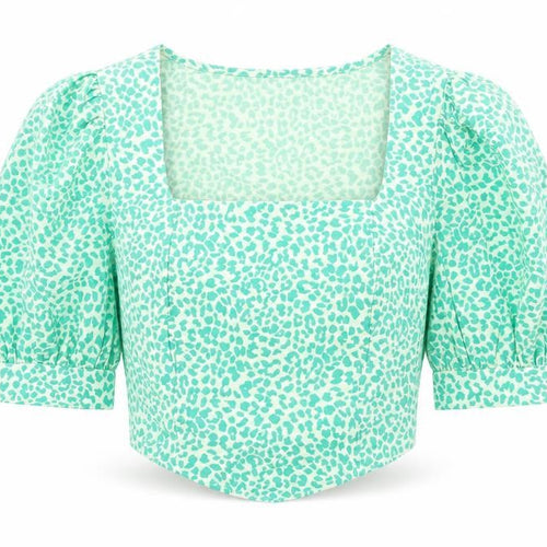 Topshop Womens Green Animal Print 100% Cotton Cropped Blouse Size 8 Square Neck