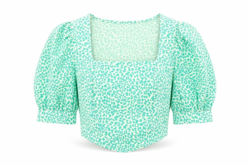 Topshop Womens Green Animal Print 100% Cotton Cropped Blouse Size 8 Square Neck