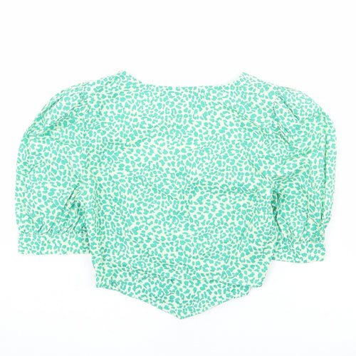 Topshop Womens Green Animal Print 100% Cotton Cropped Blouse Size 8 Square Neck