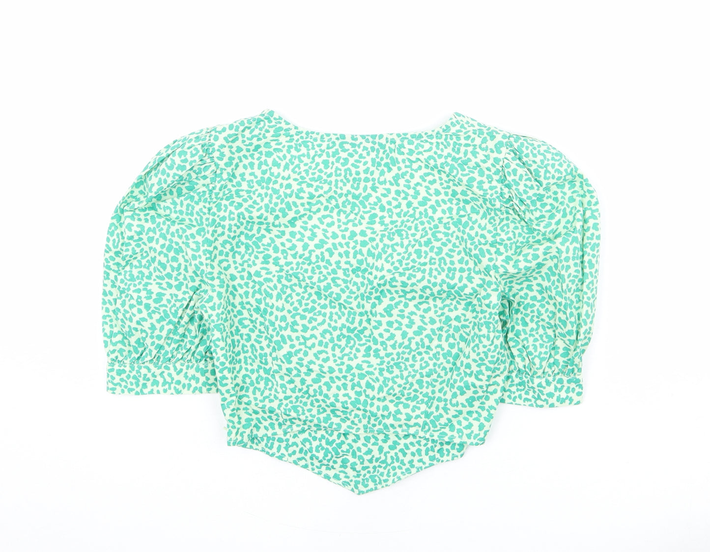 Topshop Womens Green Animal Print 100% Cotton Cropped Blouse Size 8 Square Neck