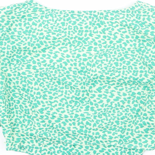 Topshop Womens Green Animal Print 100% Cotton Cropped Blouse Size 8 Square Neck