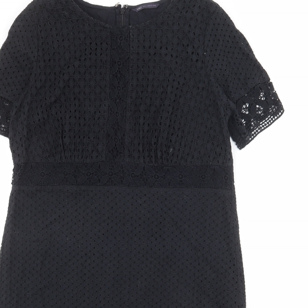 Marks and Spencer Womens Black 100% Cotton Shift Size 14 Round Neck Zip - Lace