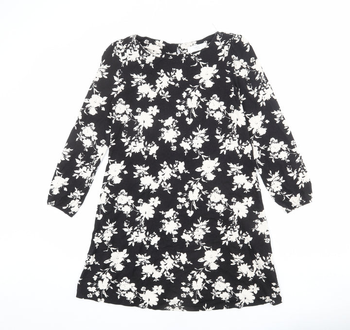 Wallis Womens Black Floral Viscose Mini Size 10 Round Neck Button