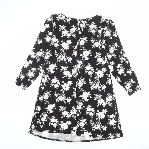 Wallis Womens Black Floral Viscose Mini Size 10 Round Neck Button