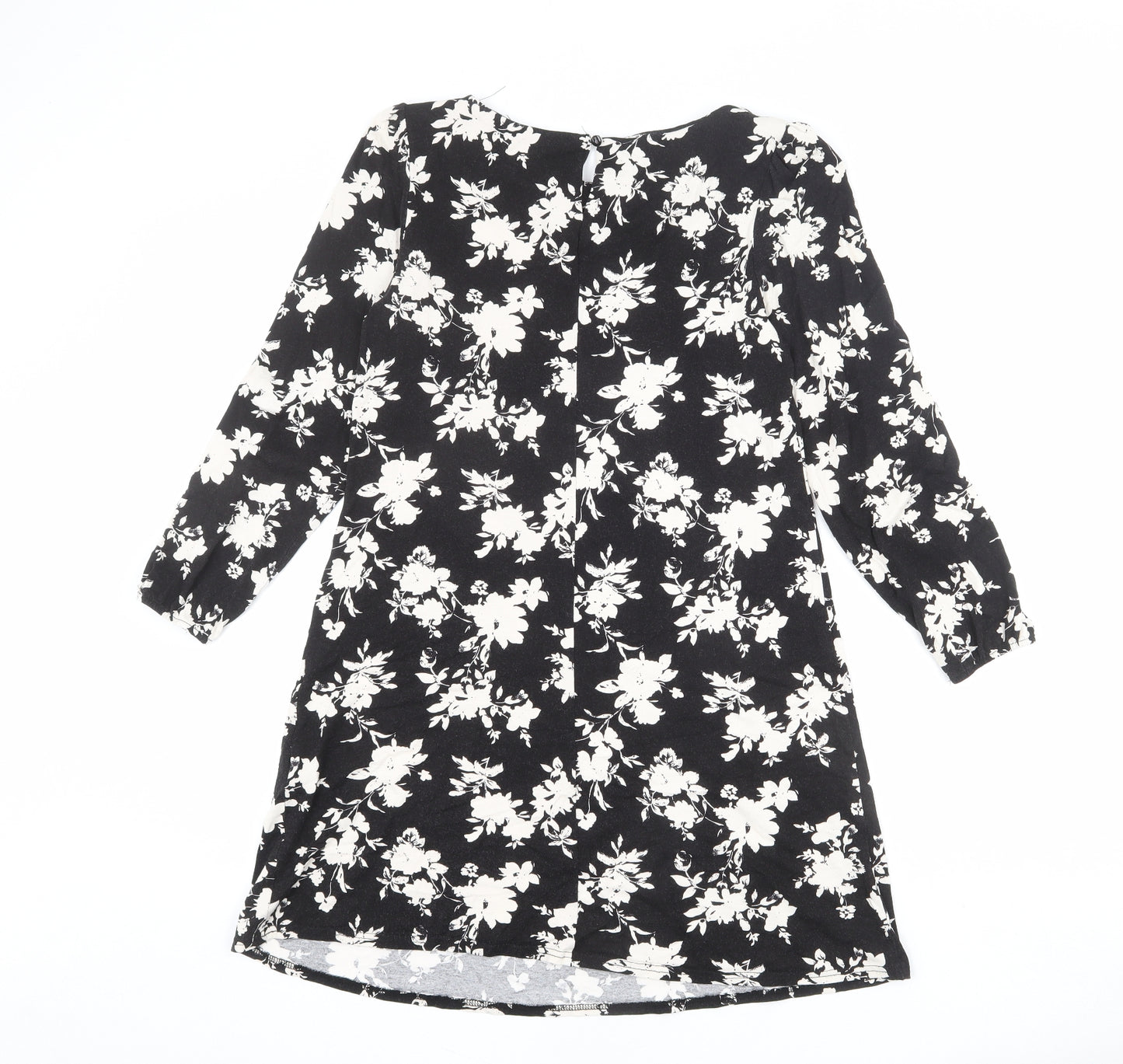 Wallis Womens Black Floral Viscose Mini Size 10 Round Neck Button