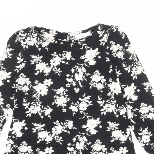 Wallis Womens Black Floral Viscose Mini Size 10 Round Neck Button