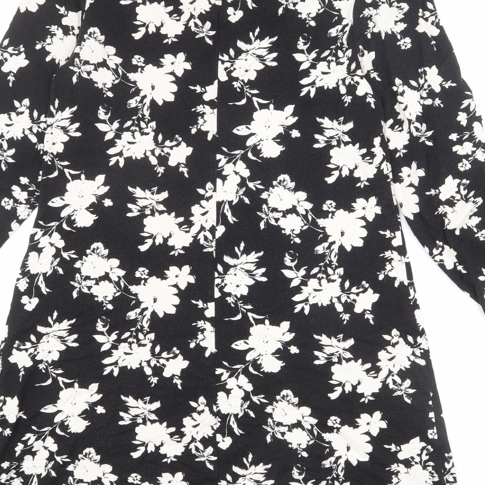 Wallis Womens Black Floral Viscose Mini Size 10 Round Neck Button