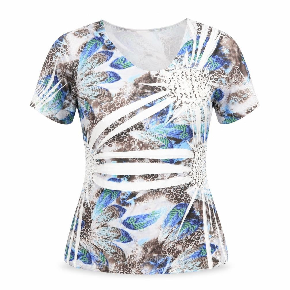 Front view of Just Elegance women’s multicoloured geometric polyester basic t-shirt, size S, v-neck -, size S-m