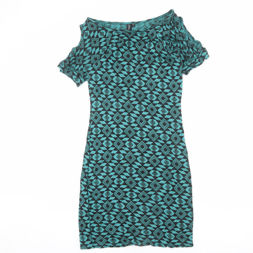 Ruby Rocks Womens Blue Geometric Viscose Bodycon Size 8 Boat Neck Pullover
