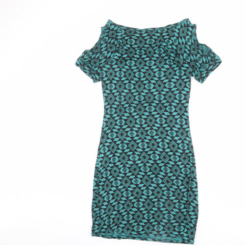 Ruby Rocks Womens Blue Geometric Viscose Bodycon Size 8 Boat Neck Pullover