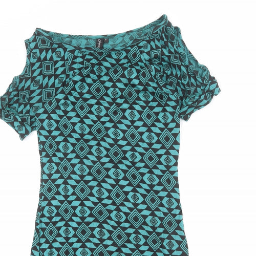Ruby Rocks Womens Blue Geometric Viscose Bodycon Size 8 Boat Neck Pullover