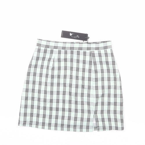 Cutie Womens Green Plaid Polyester A-Line Skirt Size 14 Zip