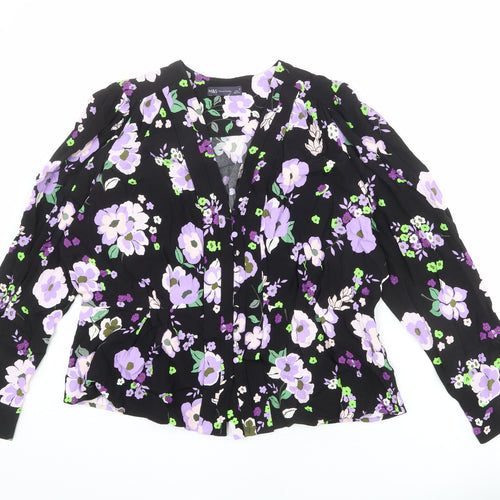 Marks and Spencer Womens Black Floral Viscose Basic Blouse Size 20 V-Neck