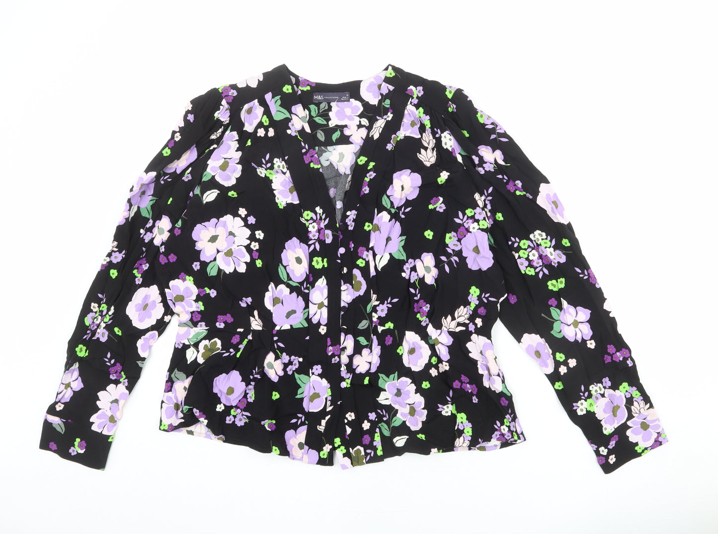 Marks and Spencer Womens Black Floral Viscose Basic Blouse Size 20 V-Neck