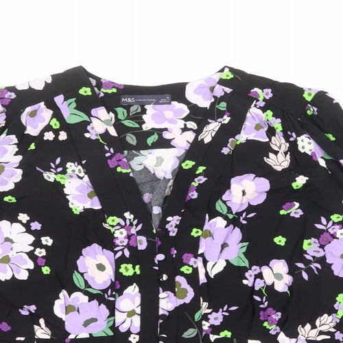 Marks and Spencer Womens Black Floral Viscose Basic Blouse Size 20 V-Neck
