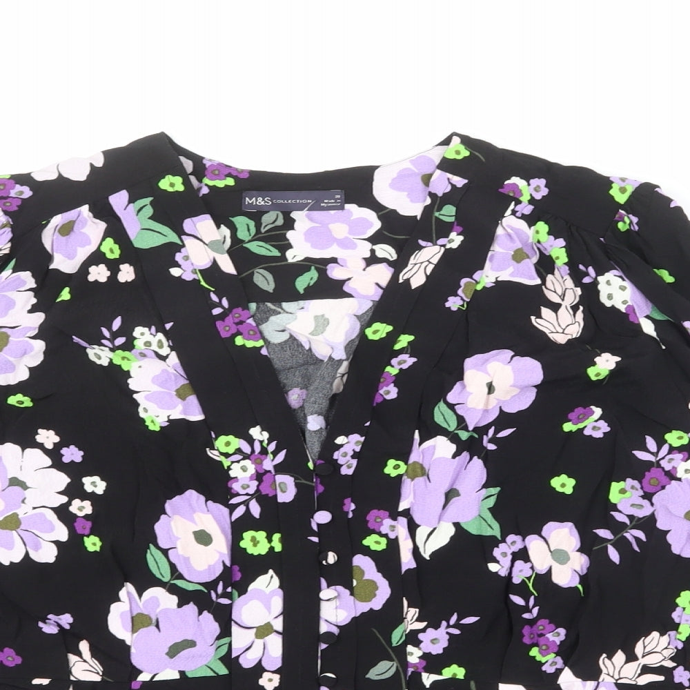 Marks and Spencer Womens Black Floral Viscose Basic Blouse Size 20 V-Neck