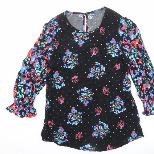 Marks and Spencer Womens Black Floral Viscose Basic Blouse Size 10 Scoop Neck