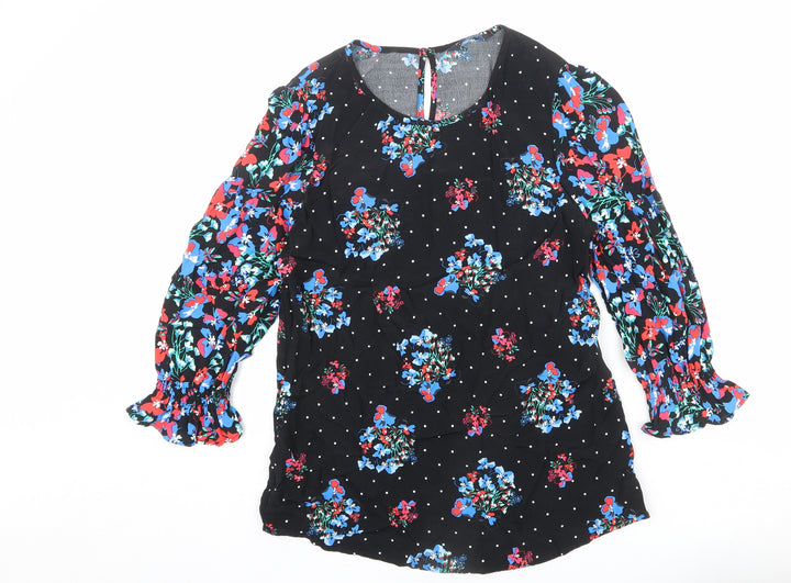 Marks and Spencer Womens Black Floral Viscose Basic Blouse Size 10 Scoop Neck