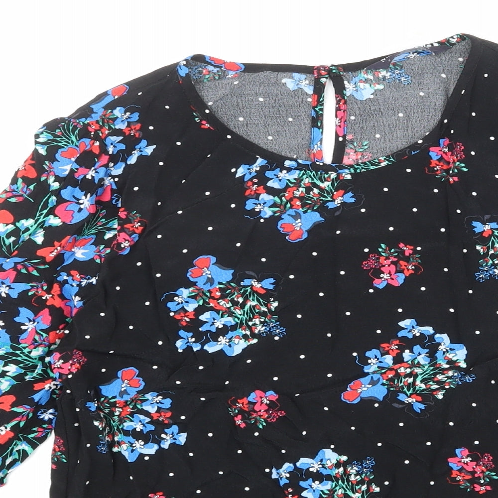 Marks and Spencer Womens Black Floral Viscose Basic Blouse Size 10 Scoop Neck