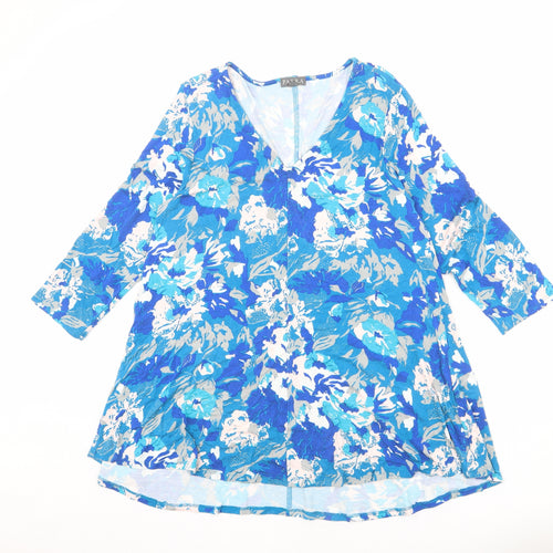 Patra Womens Blue Floral Viscose Tunic Blouse Size L V-Neck