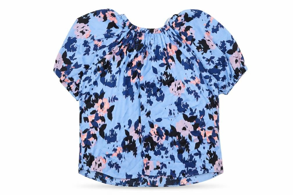Front view of Marks & Spencer women’s blue floral polyester basic blouse, size UK 16, round neck