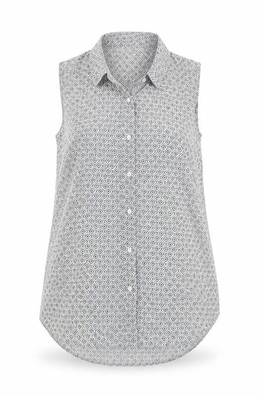 Front view of H&M women’s multicoloured geometric polyester basic button-up, size UK 8, collared