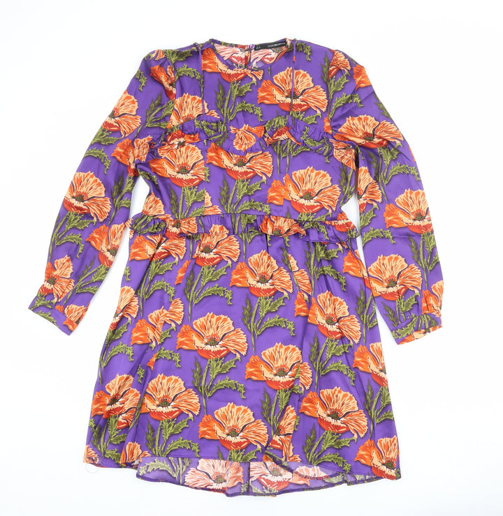 Sfera Womens Purple Floral Polyester A-Line Size M Round Neck Zip
