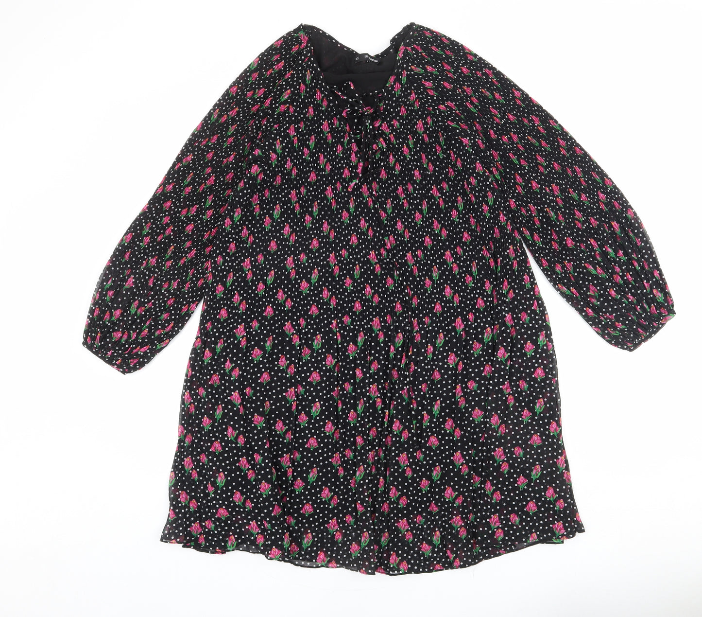 Sfera Womens Black Geometric Polyester A-Line Size S V-Neck Lace Up