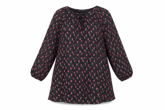 Front view of Sfera women’s black geometric polyester a-line, size S, v-neck lace up